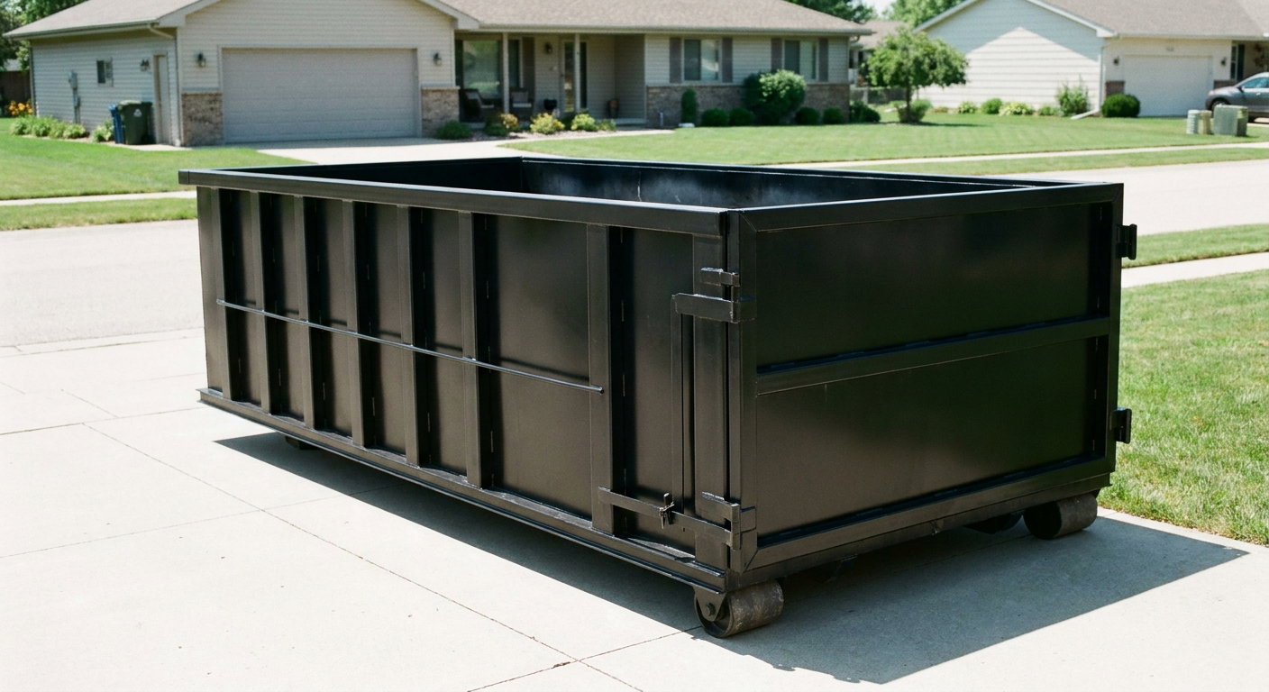 Matte-black 10-yard roll-off dumpster on a residential concrete driveway in Canton, uniformly painted matte black across every panel and rail, ribbed steel sidewalls and rear swing door visible, mid-day daylight.