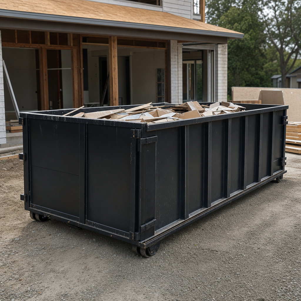 Large matte-black 30-yard construction roll-off dumpster at an active Canton jobsite, steel-gray top rails and bottom rollers visible, loaded with construction debris.