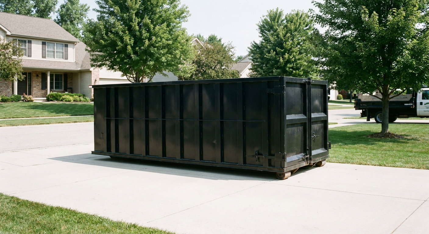 Matte-black 20-yard roll-off dumpster sitting level on a clean Canton residential concrete driveway under bright daylight, demonstrating clean placement directly on the concrete.