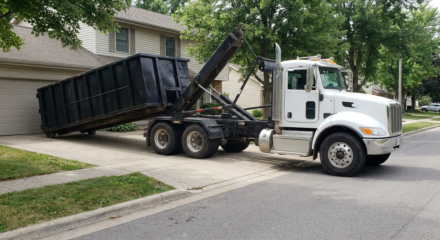 White-cab hooklift roll-off truck actively lowering a matte-black dumpster onto a Canton residential concrete driveway, the dumpster's rear wheels touching the driveway as the hoist arm tilts the bed forward, mid-morning daylight.