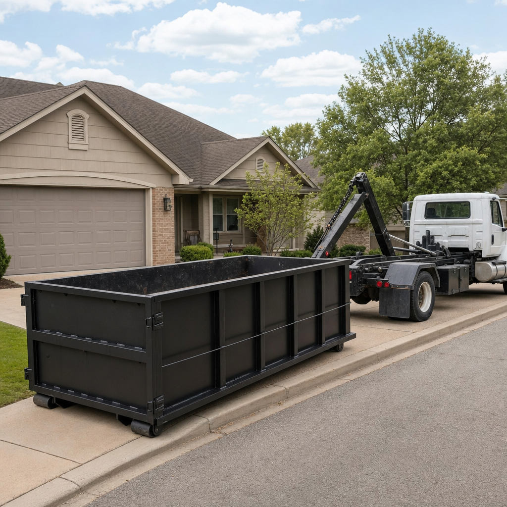 Wide documentary shot of a matte-black roll-off dumpster on a Canton residential driveway in the foreground and a contractor jobsite container in the soft-focus background, bright daylight, calm and orderly composition.