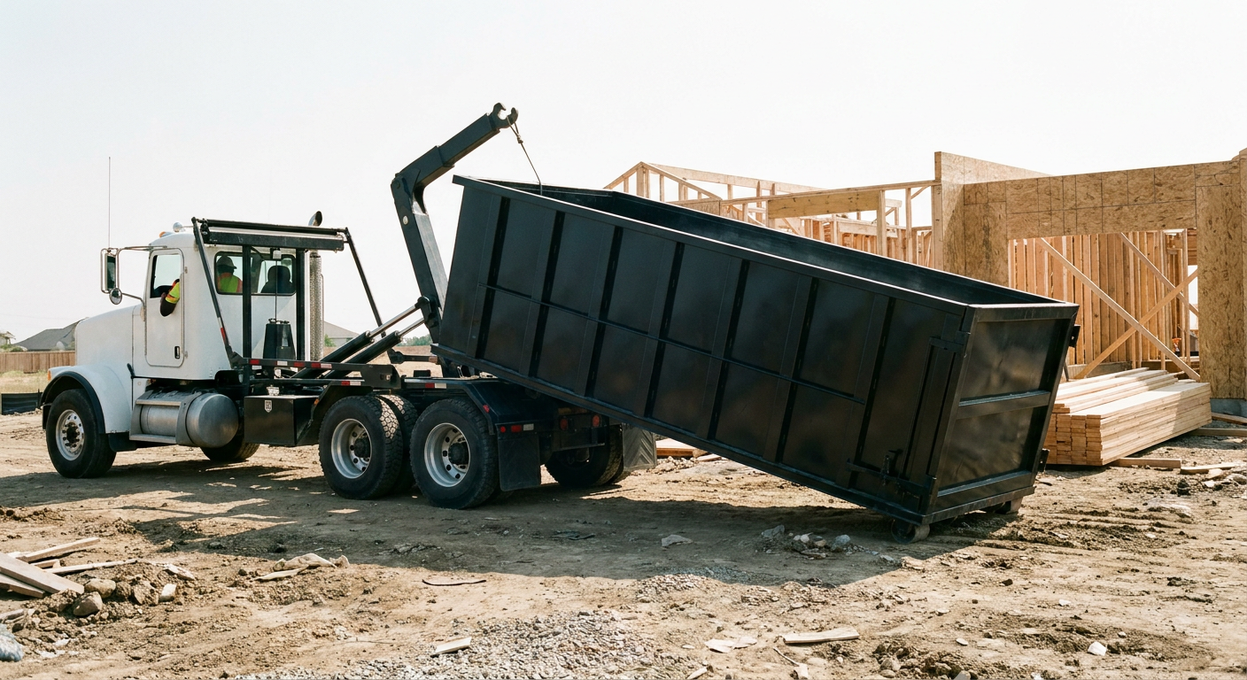 Matte-black roll-off dumpster being delivered onto a clean residential concrete driveway in Canton by an unmarked white hooklift hauler truck, bright morning daylight, documentary 35mm perspective.